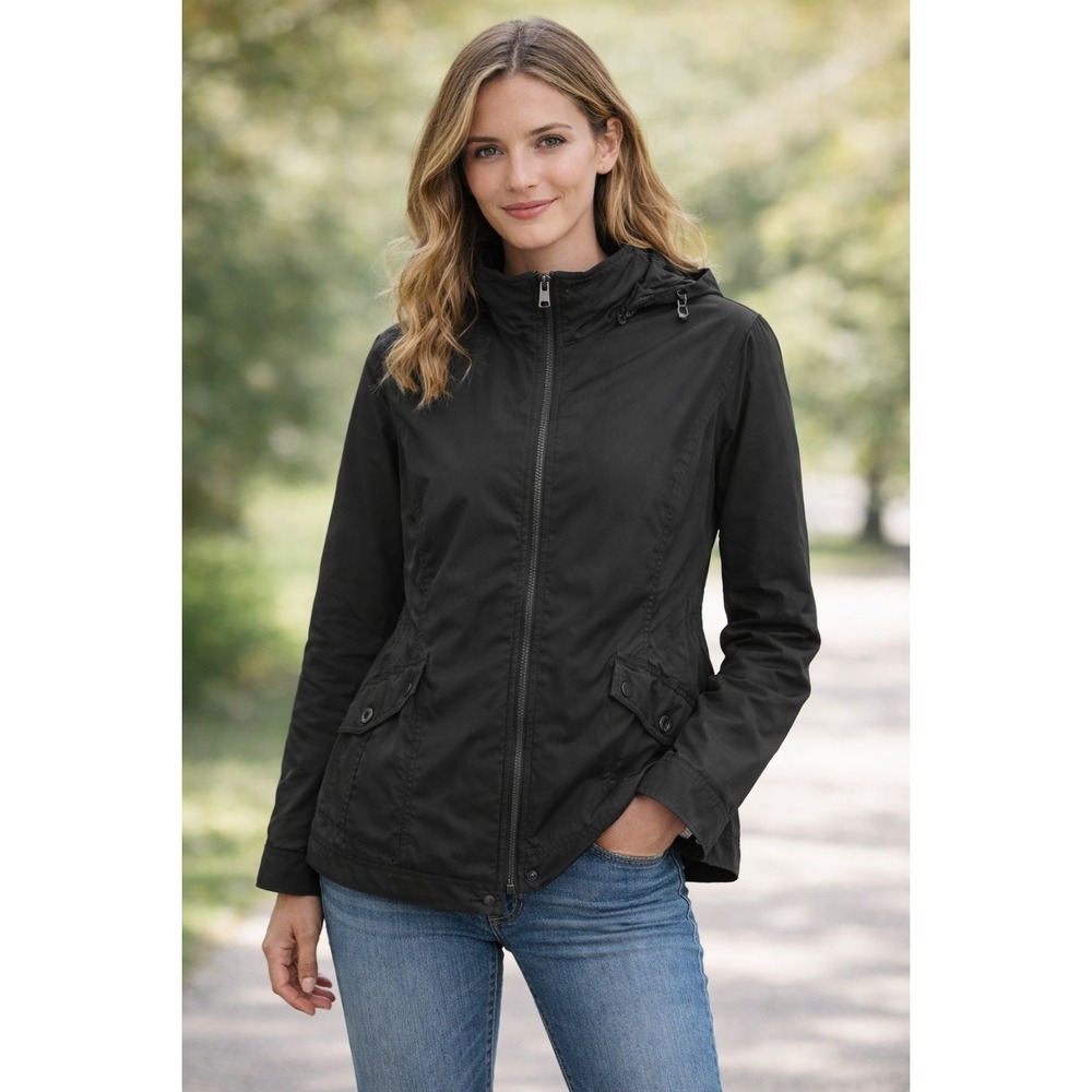 Lands End Women Mid Length Hooded Front Zip Jacket Black Medium
